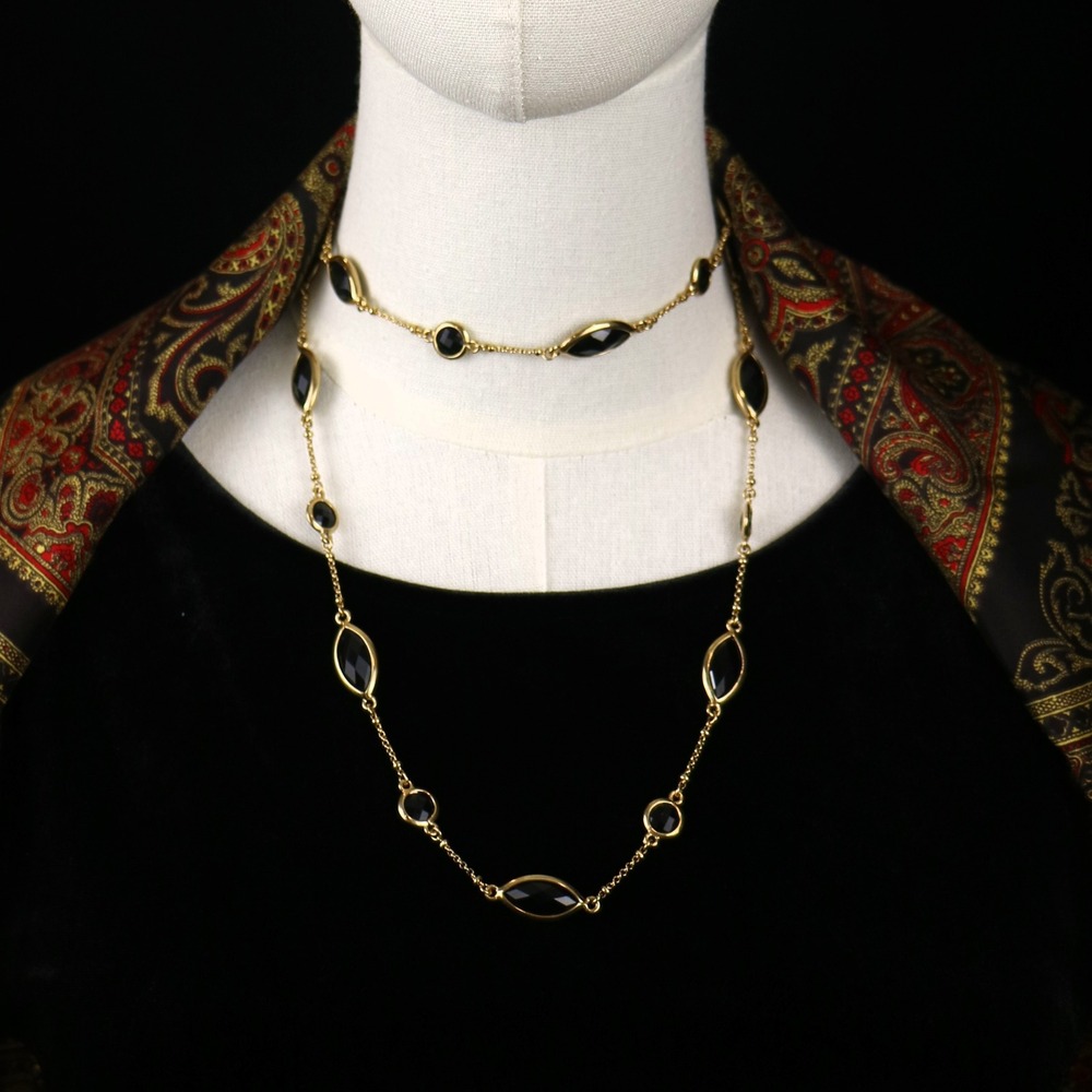 Vintage Monet Black Faceted Glass Station Necklace Gold Tone Long Chain 36" Rope - Picture 2 of 7